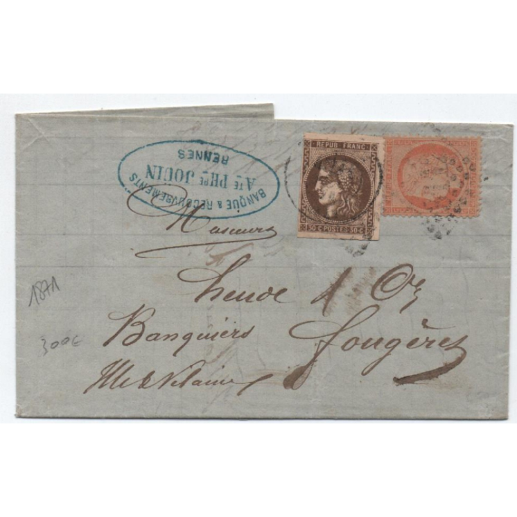 1871 - LETTRE AFFRANCHISSEMENT MIXTE de RENNES avec GC 3112 sur N° 38 & 47 pour FOUGERES (ILLE ET VILAINE)