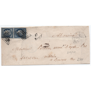 1851 - GRILLE PAIRE CERES N° 4 sur LETTRE avec CURSIVE de BAUGY (CHER) & TYPE 14 de VILLEQUIERS