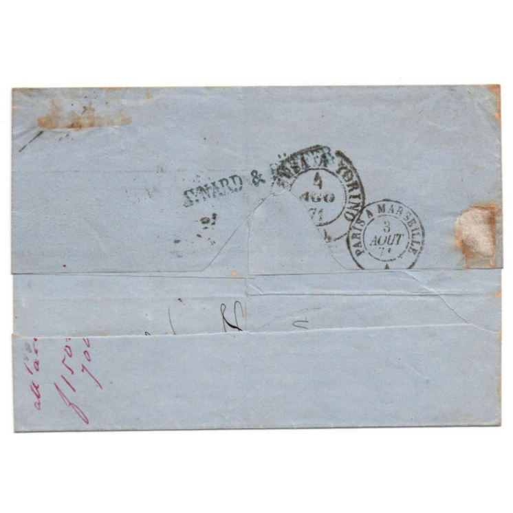 1871 - GRAND FRAGMENT de LETTRE avec EXCEPTIONNEL TYPE BORDEAUX N° 48 (VOISINS) pour MESSINE (ITALIE) - SIGNEE CALVES