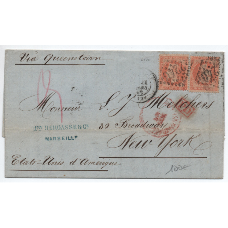 LETTRE de MARSEILLE pour NEW YORK (ETATS UNIS / USA) avec GC 2240 sur N° 31 x2 VIA QUEENSTOWN