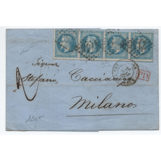 1868 - LETTRE de LYON pour MILANO (ITALIE) avec BANDE x4 N°29 - SIGNEE BAUDOT