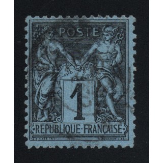 Timbre Type Sage N°84 - 1c noir sur bleu de Prusse. Rare. Signé Calves + Jamet avec Certificat