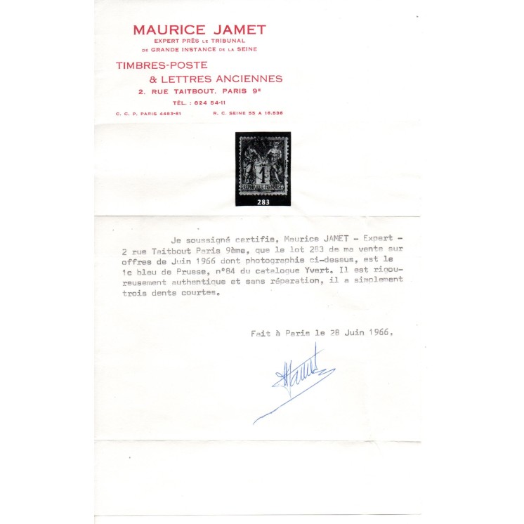 Timbre Type Sage N°84 - 1c noir sur bleu de Prusse. Rare. Signé Calves + Jamet avec Certificat