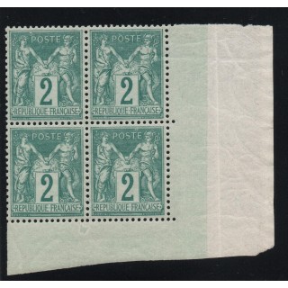 Type sage n°74 6 - Superbe bloc de 4 coin de feuille sans charnière **/MNH - Signé Calves expert