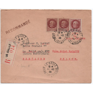 ILOT DE SAINT NAZAIRE / POCHE DE L'ATLANTIQUE - 1944 - ENVELOPPE RECOMMANDEE de LA BAULE (LOIRE ATLANTIQUE) BANDE PETAIN