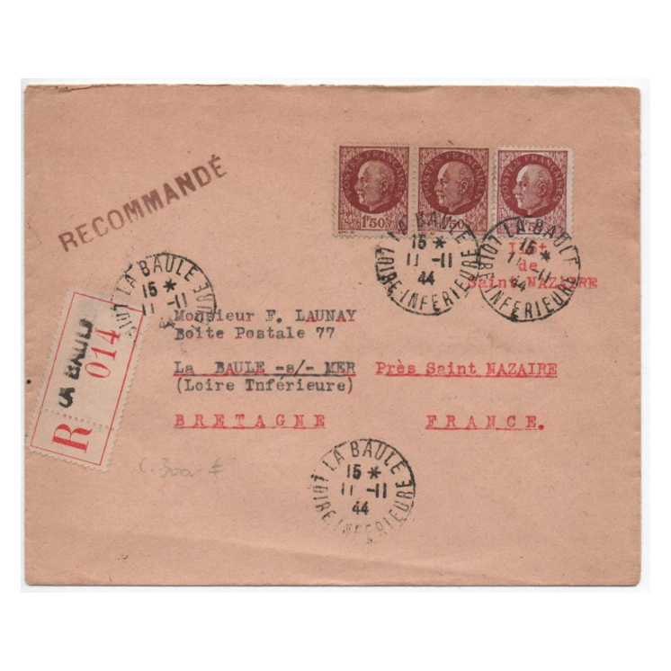 ILOT DE SAINT NAZAIRE / POCHE DE L'ATLANTIQUE - 1944 - ENVELOPPE RECOMMANDEE de LA BAULE (LOIRE ATLANTIQUE) BANDE PETAIN