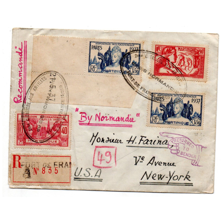 1939 - POSTE MARITIME - ENVELOPPE avec CACHET 2eme CROISIERE AUX ALLIES DU S/S NORMANDIE FORT DE FRANCE MARTINIQUE
