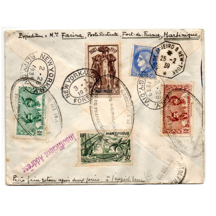 1939 - POSTE MARITIME - ENVELOPPE avec CACHET 2eme CROISIERE AUX ALLIES DU S/S NORMANDIE FORT DE FRANCE MARTINIQUE
