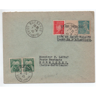 ILOT DE SAINT NAZAIRE / POCHE DE L'ATLANTIQUE - 1945 - ENVELOPPE de GUERANDE (LOIRE ATLANTIQUE) avec TAXE de PORNICHET