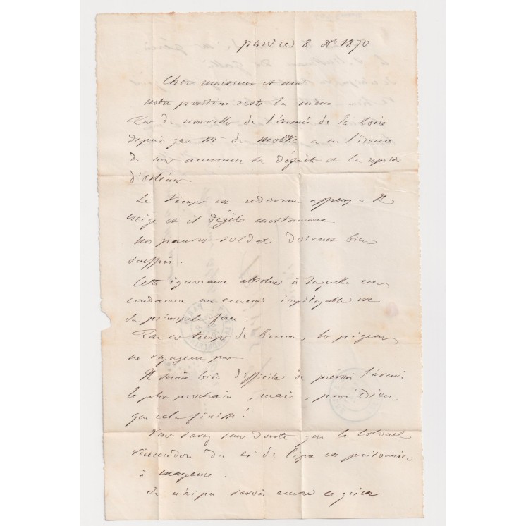 Ballon Monté "Le Général Renault" - Départ 08/12/1870 & cachet d'arrivée de Rives Sur Fure (Isère) le 21 décembre