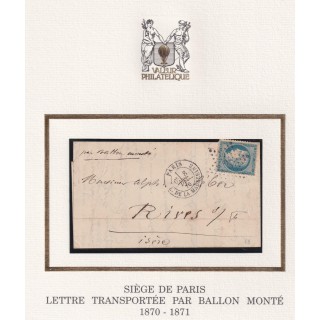 Ballon Monté "Le Général Renault" - Départ 08/12/1870 & cachet d'arrivée de Rives Sur Fure (Isère) le 21 décembre