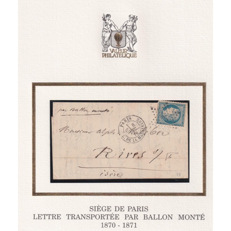 Ballon Monté "Le Général Renault" - Départ 08/12/1870 & cachet d'arrivée de Rives Sur Fure (Isère) le 21 décembre