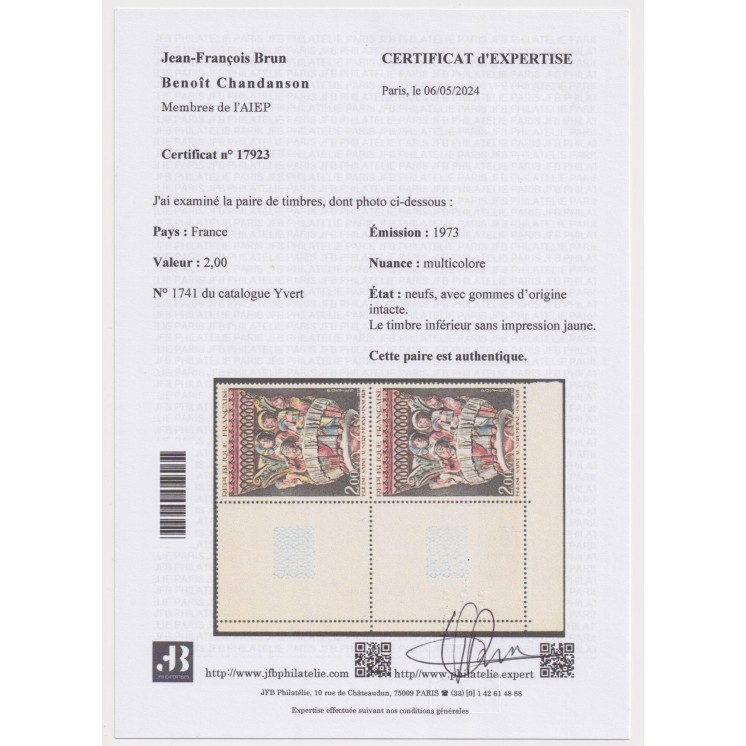Superbe variété - Paire Yvert N°1741 avec timbre inférieur sans le jaune & manque du jaune partiel sur le timbre du haut