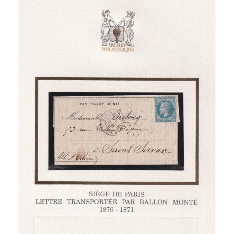 Ballon Monté "Le Général Uhrich" - Dépêche Ballon n°5 du 11 novembre - Départ le 12/11/1870 pour SAINT SERVAN (Ille et Vilaine)