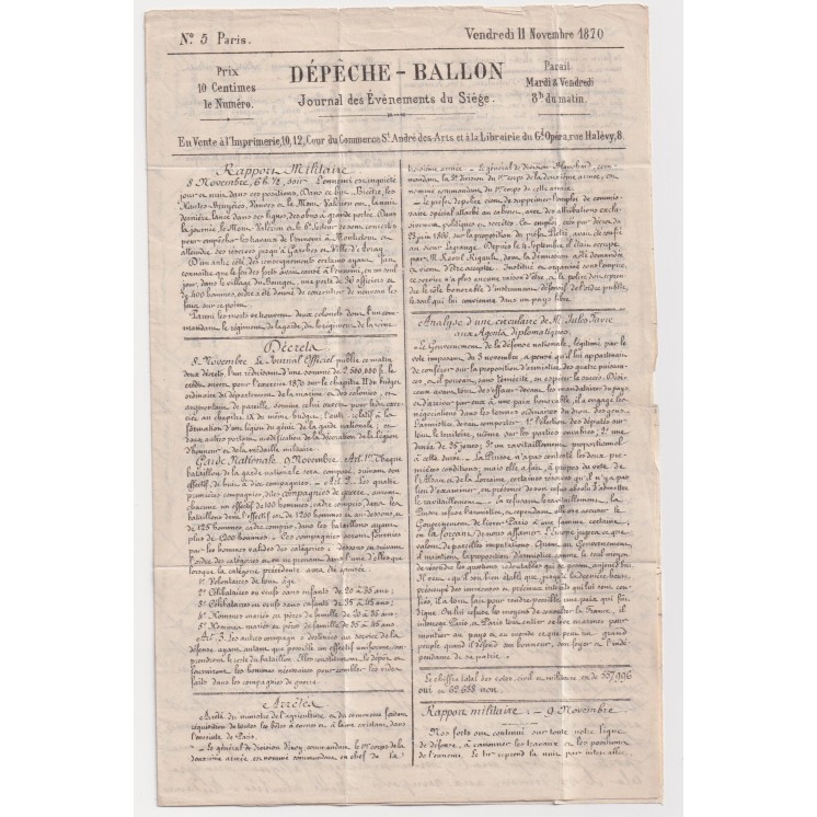 Ballon Monté "Le Général Uhrich" - Dépêche Ballon n°5 du 11 novembre - Départ le 12/11/1870 pour SAINT SERVAN (Ille et Vilaine)
