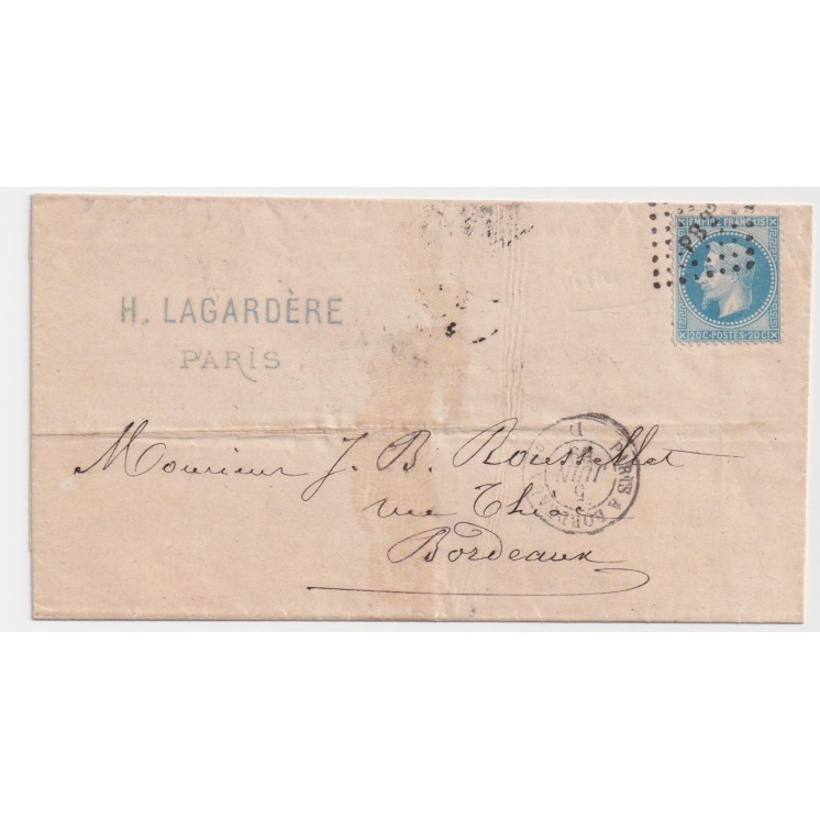 1869 - Lettre avec TàD Ambulant sur n°29 avec VARIÉTÉ "À LA CORNE"