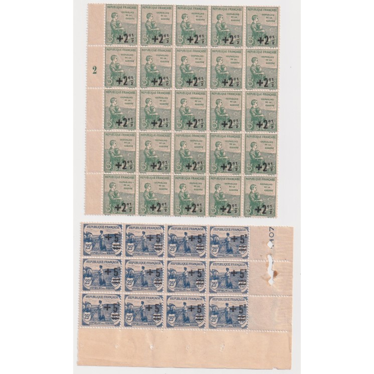 Yvert n° 163 en bloc de 25 + n° 165 en bloc de 12 MNH ** - Timbres émis au profit des orphelins de la Guerre
