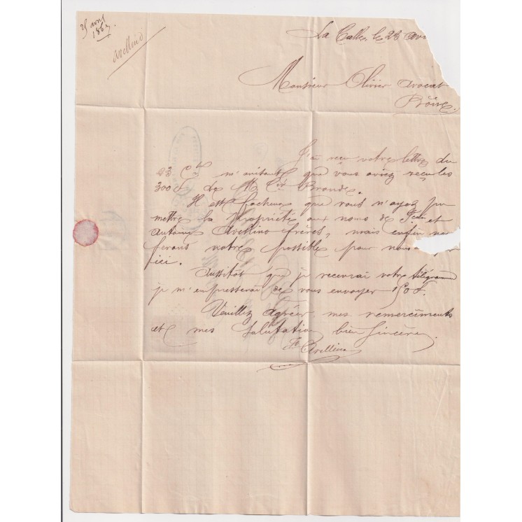 1867 - Lettre de LA CALLE (Algérie) avec GC 5019 pour Bône