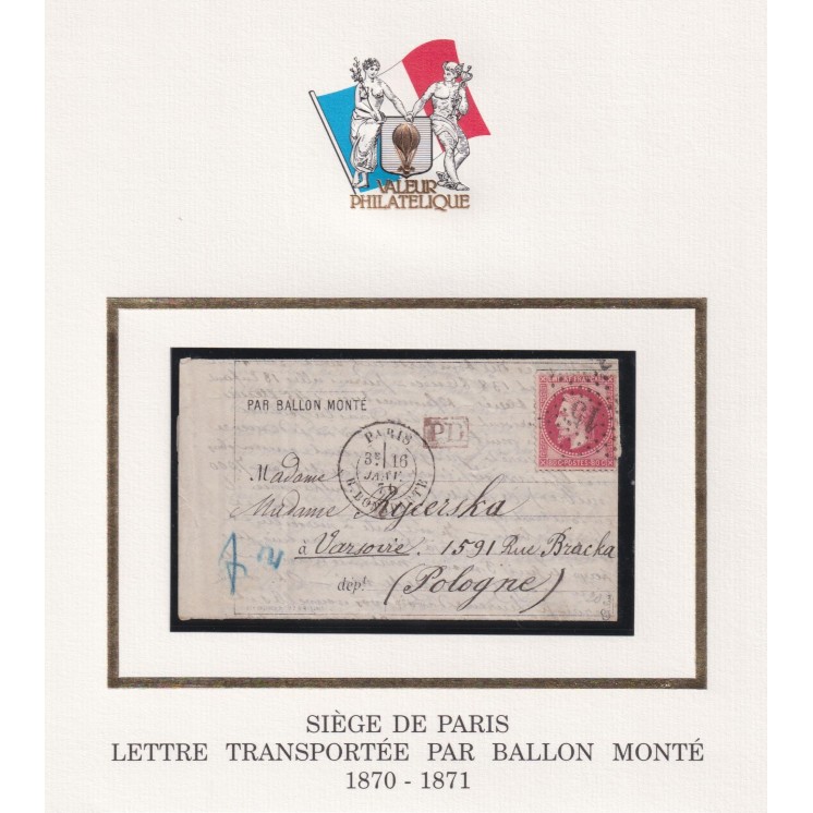 Ballon Monté "La Poste de Paris" pour Varsovie (Pologne) avec TEXTE +++ Départ 16/01/1871 sans cachet d'arrivée - Signé Calves
