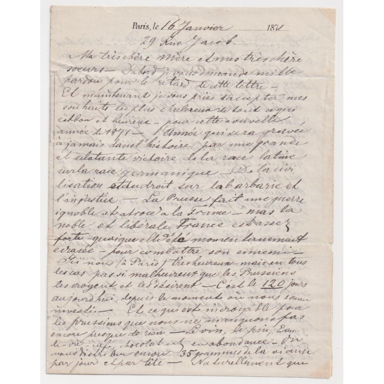 Ballon Monté "La Poste de Paris" pour Varsovie (Pologne) avec TEXTE +++ Départ 16/01/1871 sans cachet d'arrivée - Signé Calves