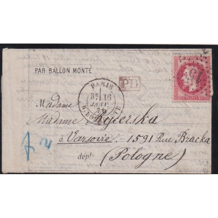 Ballon Monté "La Poste de Paris" pour Varsovie (Pologne) avec TEXTE +++ Départ 16/01/1871 sans cachet d'arrivée - Signé Calves