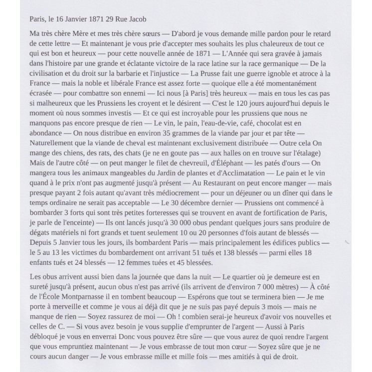 Ballon Monté "La Poste de Paris" pour Varsovie (Pologne) avec TEXTE +++ Départ 16/01/1871 sans cachet d'arrivée - Signé Calves