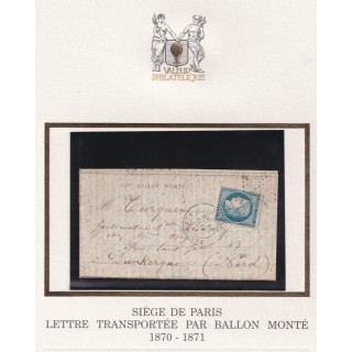 Ballon Monté "La Poste de Paris" pour Dunkerque - Dépêche Ballon n°23 du 13 janvier 1871 affranchi avec n°36 20 centimes Siege