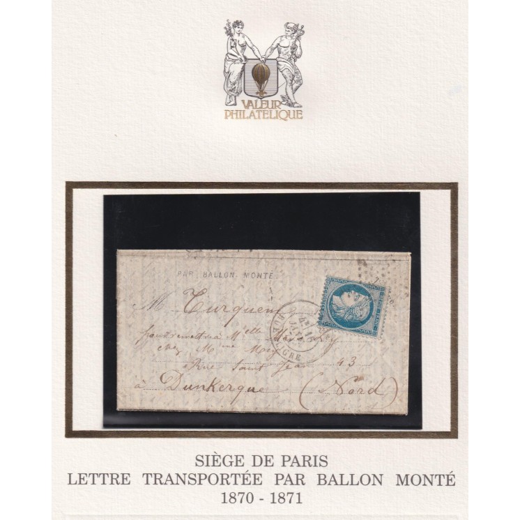 Ballon Monté "La Poste de Paris" pour Dunkerque - Dépêche Ballon n°23 du 13 janvier 1871 affranchi avec n°36 20 centimes Siege