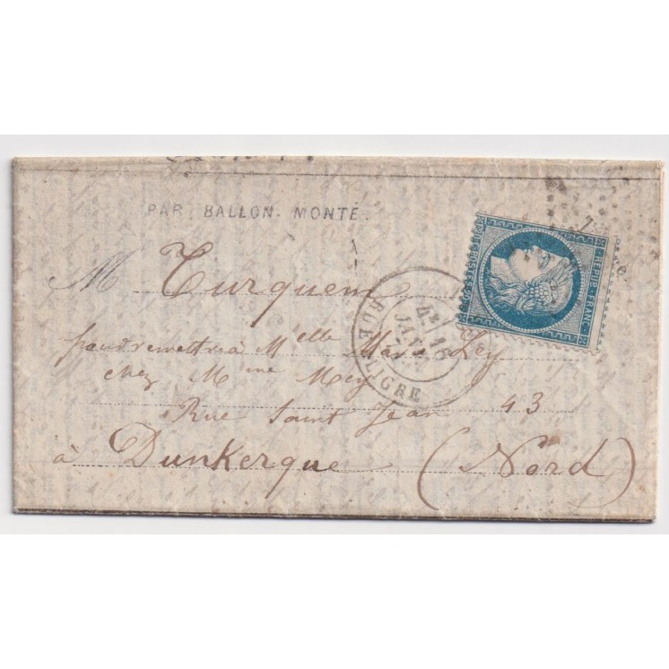Ballon Monté "La Poste de Paris" pour Dunkerque - Dépêche Ballon n°23 du 13 janvier 1871 affranchi avec n°36 20 centimes Siege