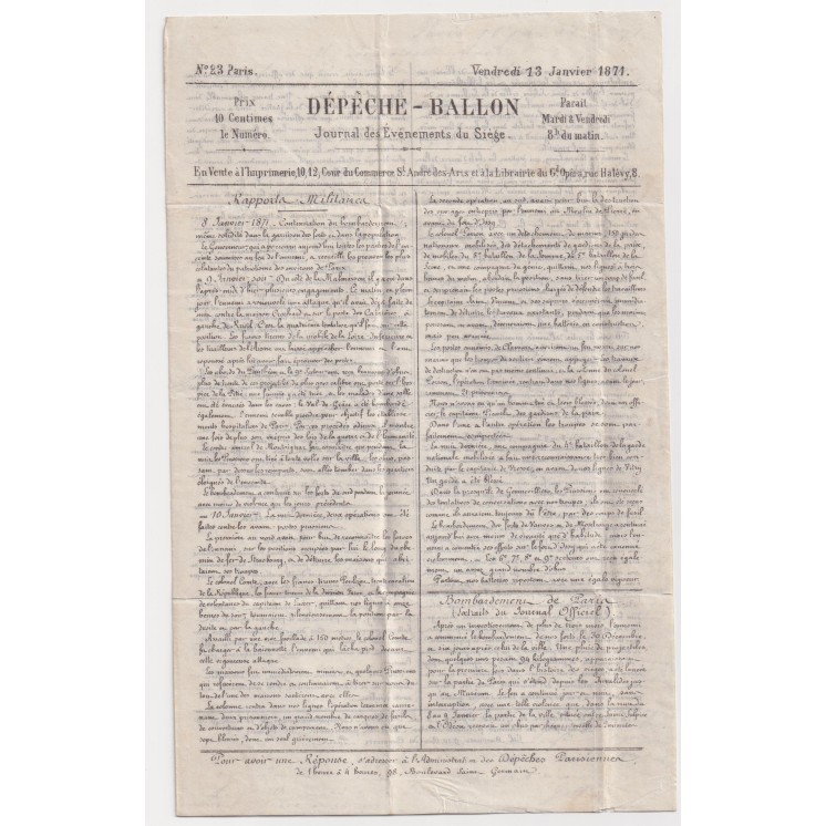 Ballon Monté "La Poste de Paris" pour Dunkerque - Dépêche Ballon n°23 du 13 janvier 1871 affranchi avec n°36 20 centimes Siege