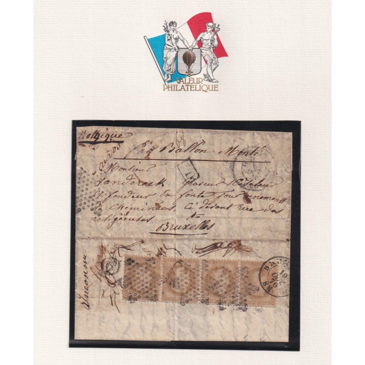 Ballon Monté "LE NON DENOMME N°2" pour Bruxelles (Belgique) avec bande x4 du n°28B ! - Départ le 06/10/1870 arrivée le 19/10