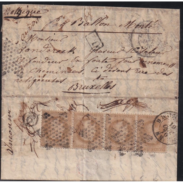 Ballon Monté "LE NON DENOMME N°2" pour Bruxelles (Belgique) avec bande x4 du n°28B ! - Départ le 06/10/1870 arrivée le 19/10