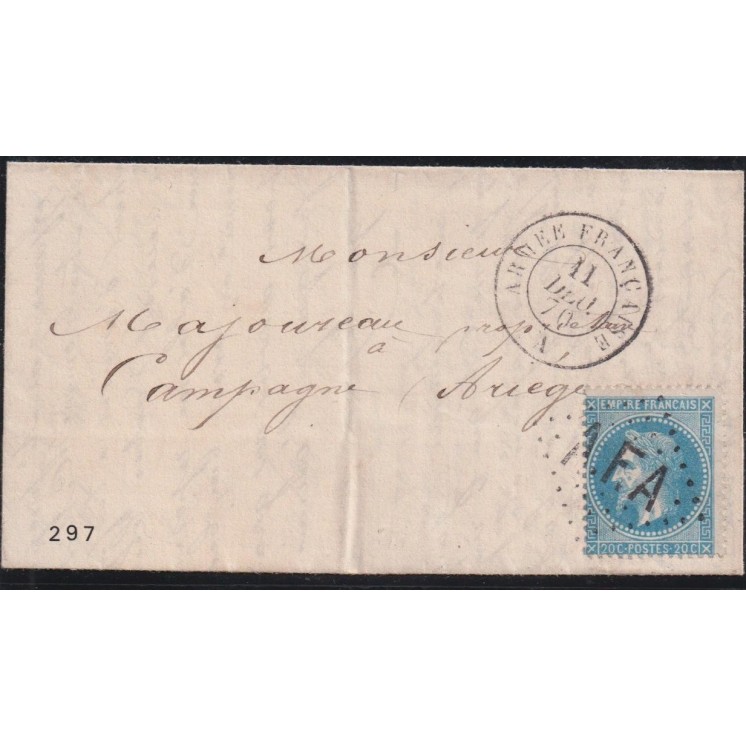 Ballon Monté "La Ville de Paris" pour l'Ariège - RARE cachet à date de départ "Armée Française" Bureau A Losange AFA