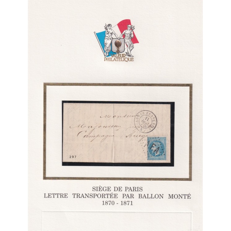 Ballon Monté "La Ville de Paris" pour l'Ariège - RARE cachet à date de départ "Armée Française" Bureau A Losange AFA
