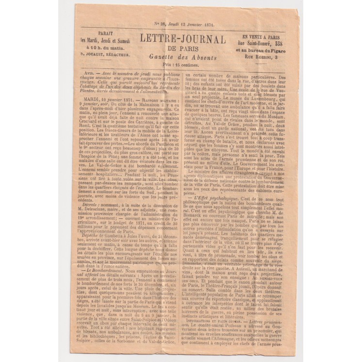 Ballon Monté "Le Général Faidherbe" probable - Lettre Journal Gazette des Absents N°26 - Rare cachet Paris SC rouge