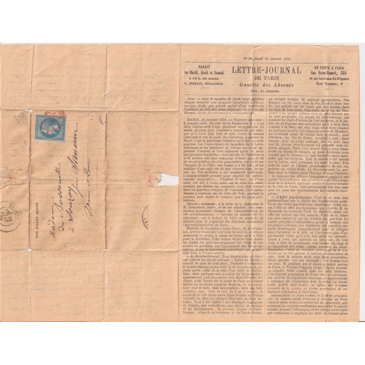 Ballon Monté "Le Général Faidherbe" probable - Lettre Journal Gazette des Absents N°26 - Rare cachet Paris SC rouge