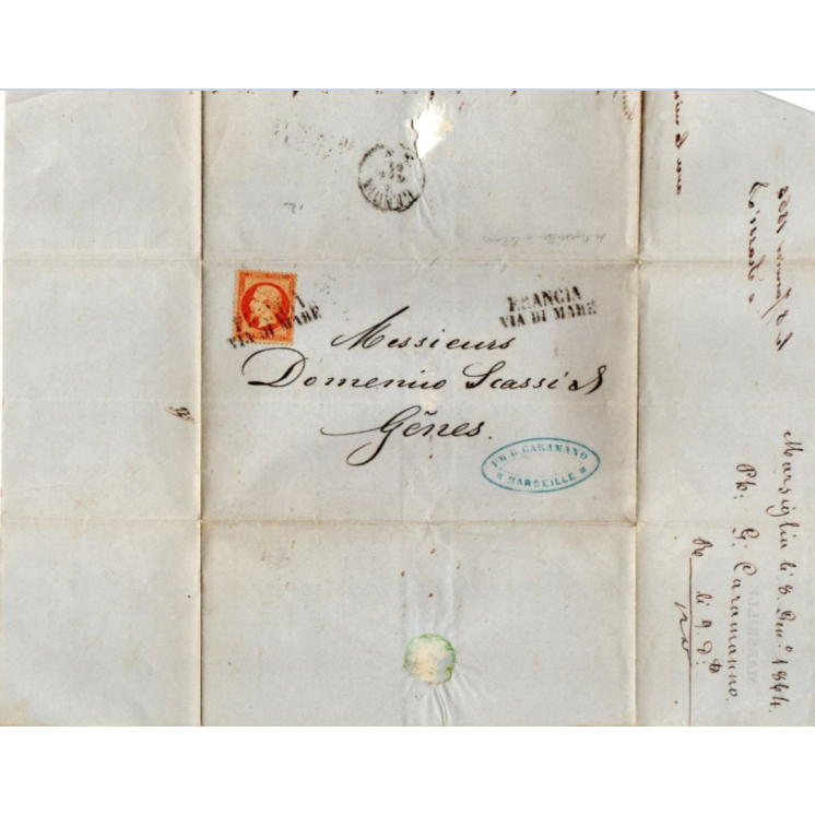 1864 - LETTRE de MARSEILLE avec OBLITERATION ITALIENNE "FRANCIA VIA DI MARE" sur N° 23 pour GENES