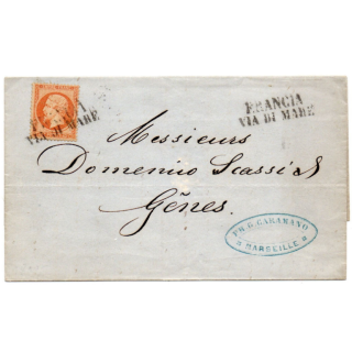 1864 - LETTRE de MARSEILLE avec OBLITERATION ITALIENNE "FRANCIA VIA DI MARE" sur N° 23 pour GENES