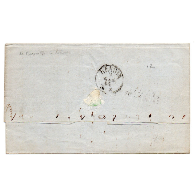 1864 - LETTRE de MARSEILLE avec OBLITERATION ITALIENNE "FRANCIA VIA DI MARE" sur N° 23 pour GENES
