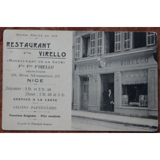 NICE - CARTE PUB / PUBLICITAIRE - DEVANTURE RESTAURANT VIRELLO - MAISON FONDEE EN 1834 - 25, RUE MASSENA