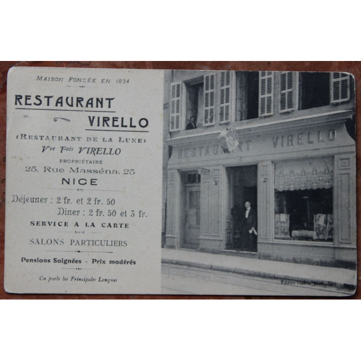 NICE - CARTE PUB / PUBLICITAIRE - DEVANTURE RESTAURANT VIRELLO - MAISON FONDEE EN 1834 - 25, RUE MASSENA