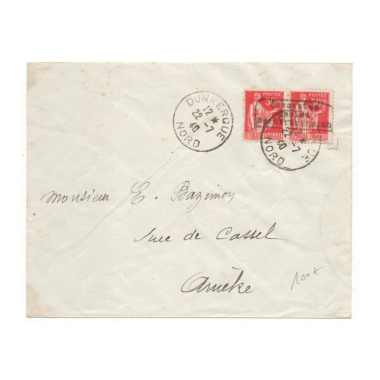 1940 - ENVELOPPE avec PAIRE TYPE PAIX SURCHARGEE "BESETZTES GEBIET NORDFRANKREICH" de DUNKERQUE (NORD) - SIGNE BRUN