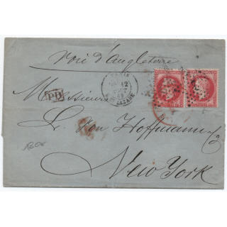 1869 - LETTRE DOUBLE PORT de PARIS pour NEW YORK (ETATS UNIS / USA / VOIE D'ANGLETERRE) avec ETOILE SUR N° 32 x2