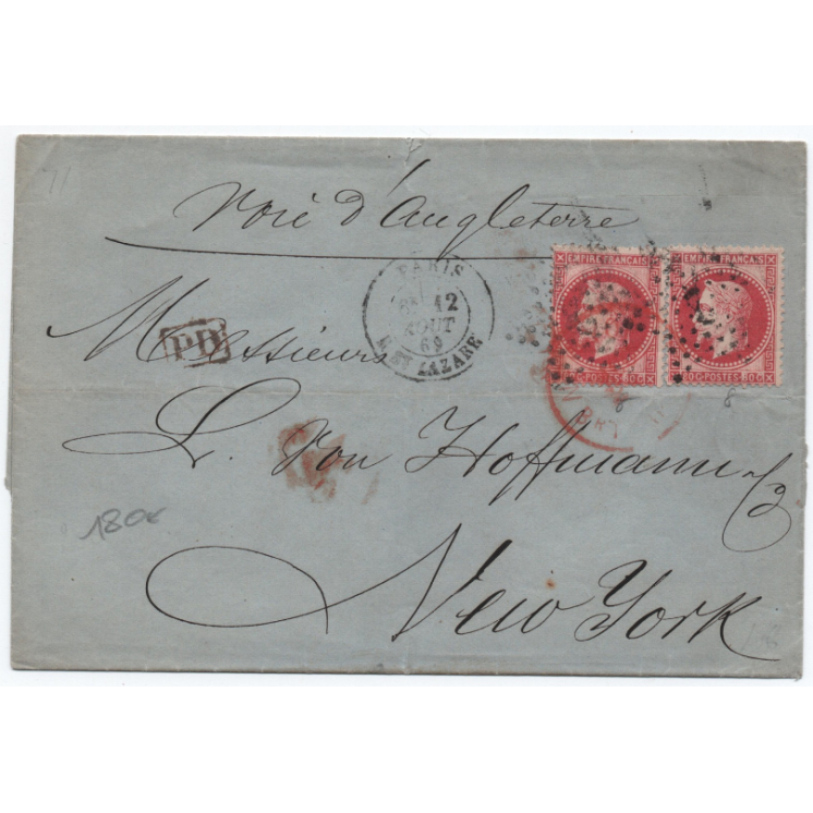 1869 - LETTRE DOUBLE PORT de PARIS pour NEW YORK (ETATS UNIS / USA / VOIE D'ANGLETERRE) avec ETOILE SUR N° 32 x2