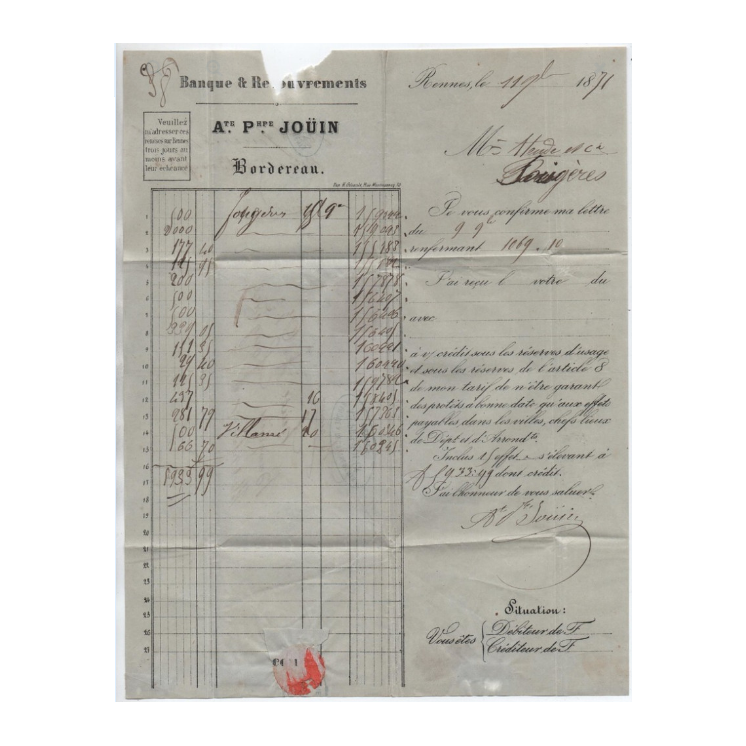 1871 - LETTRE AFFRANCHISSEMENT MIXTE de RENNES avec GC 3112 sur N° 38 & 47 pour FOUGERES (ILLE ET VILAINE)